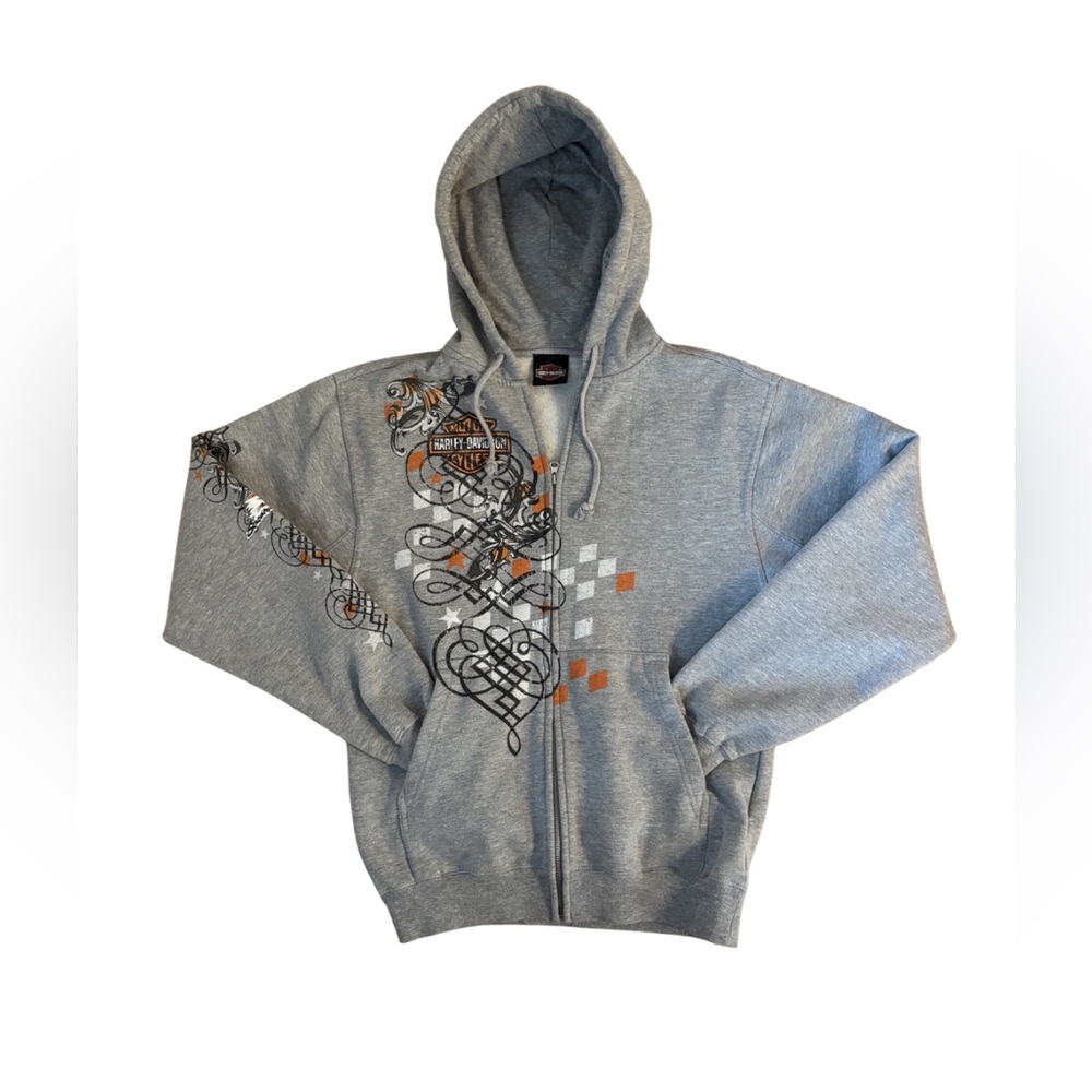 Harley-Davidson Y2K Gray Hoodie with Orange & Black Graphic Details